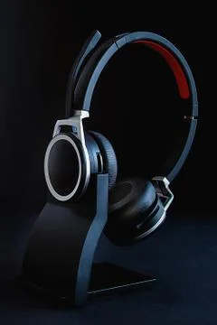Black headphones with red inserts on an isolated background Foto stock