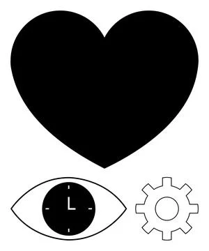 Black heart, clock within an eye, and a gear. Ideal for concepts of love, tim Stock Illustration