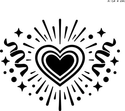 Black heart icon with sunburst rays and confetti stars Illustrazione stock