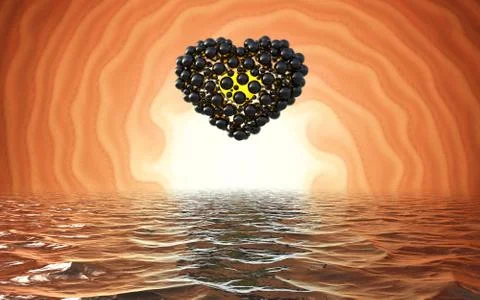 Black heart made of spheres with reflections isolated on involute bright ba.. Stock Illustration
