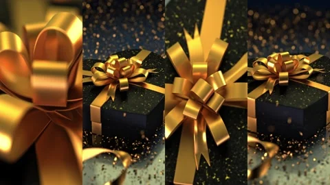 Black heart-shaped gift box with a gold bow on a glittery surface. Golden a.. Video stock 295031896