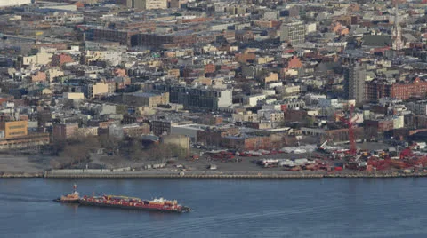 Black Helicopter, Cargo Container Ship Passing, Queens Skyline, East River, NYC Stock Footage 24708479