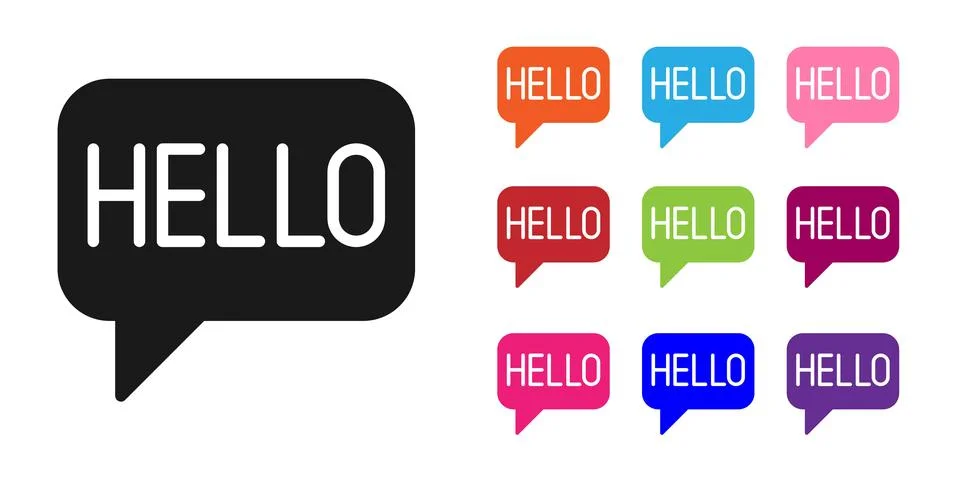 Black Hello in different languages icon isolated on white background. Speech Stock Illustration