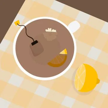 Black herbal tea with lemon in a cup illustration. Stock Illustration