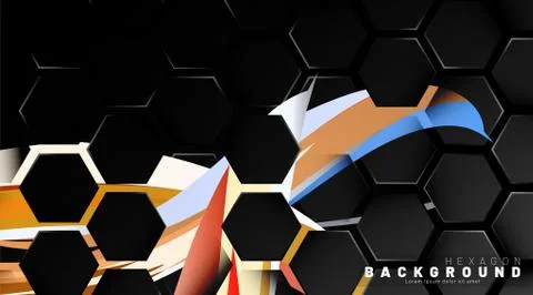 Black hexagon abstract pattern on colorful brush style background technology. Stock Illustration