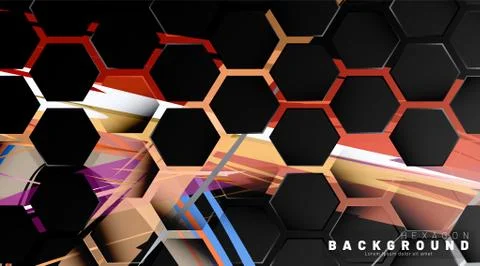 Black hexagon abstract pattern on colorful brush style background technology. Stock Illustration
