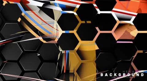 Black hexagon abstract pattern on colorful brush style background technology. Illustrazione stock