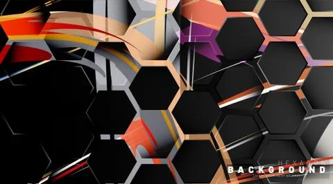 Black hexagon abstract pattern on colorful brush style background technology. Stock Illustration