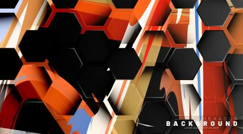 Black hexagon abstract pattern on colorful brush style background technology. Stock Illustration