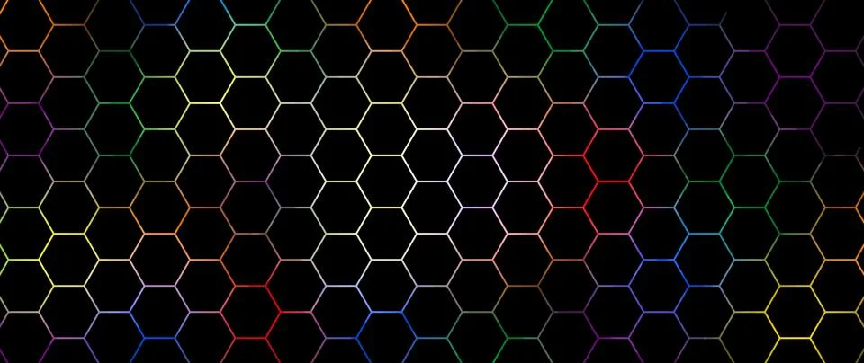 Black hexagon abstract technology background with colorful bright flashes u.. Stock Illustration