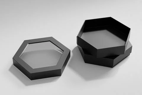 Black hexagon shape paper box mockup, luxury gift box with window display Stock Illustration