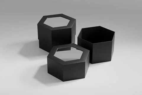 Black hexagon shape paper box mockup, luxury gift box with window display Stock Illustration