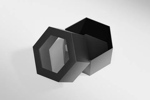 Black hexagon shape paper box mockup, luxury gift box with window display Illustrazione stock