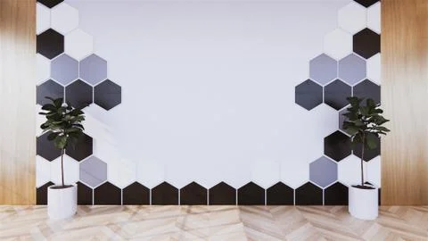 Black Hexagon tile wall on Empty white room on wooden floor interior design.  Stock Illustration