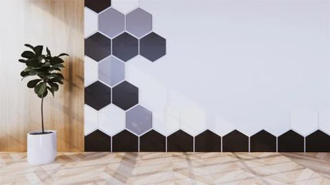 Black Hexagon tile wall on Empty white room on wooden floor interior design.  Stock Illustration