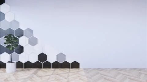 Black Hexagon tile wall on Empty white room on wooden floor interior design.  Stock Illustration