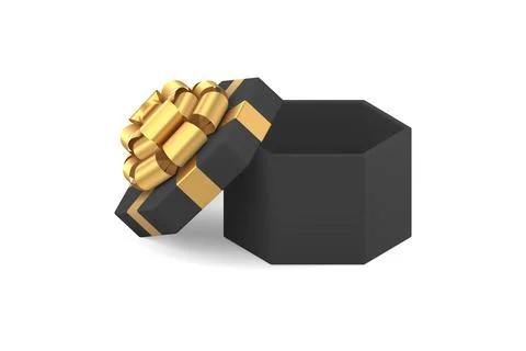 Black hexagonal open gift box with premium golden bow ribbon 3d icon realisti Stock Illustration