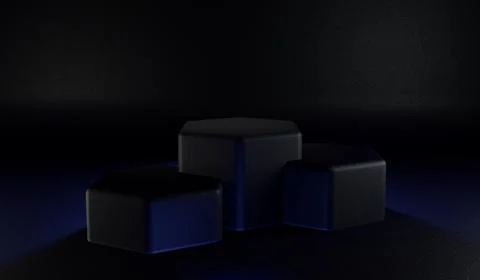 Black hexagonal podium stage with blue neon lighting and dark textured Stock Illustration