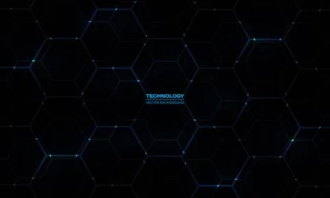 Black hexagonal technology background wit blue energy flashes. 스톡 일러스트