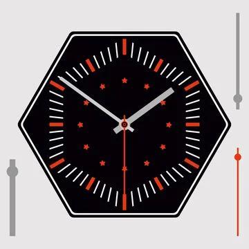 Black hexagonal watch dial with red stars on background, without numbers. Hour Stock Illustration