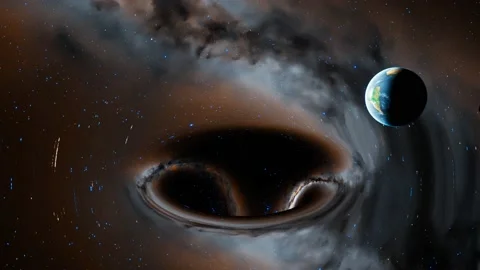 A black hole in the middle of outer space absorbs planet Earth and the moon. Vidéo 201154503