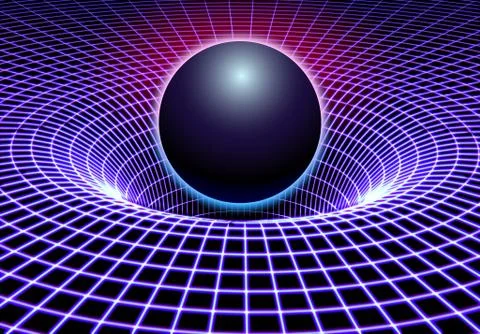 Black hole or gravity grid with glowing ball or sun in 80s synthwave and styl Stock Illustration
