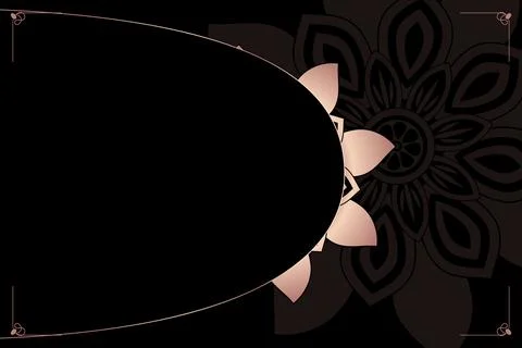 A black horizontal composition presents a subtle layered mandala with soft .. 스톡 일러스트