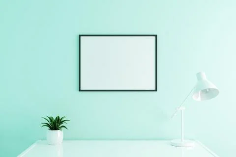 Black Horizontal poster frame mockup on work table in living room interior .. Stock Photos