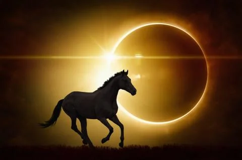 Black horse on total solar eclipse background Stock Photos