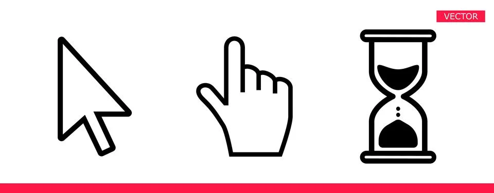 Black hourglass loading clock, pointer hand and arrow mouse cursors. Stock Illustration