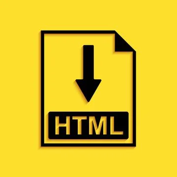 Black HTML file document icon. Download HTML button icon isolated on yellow 库存插图