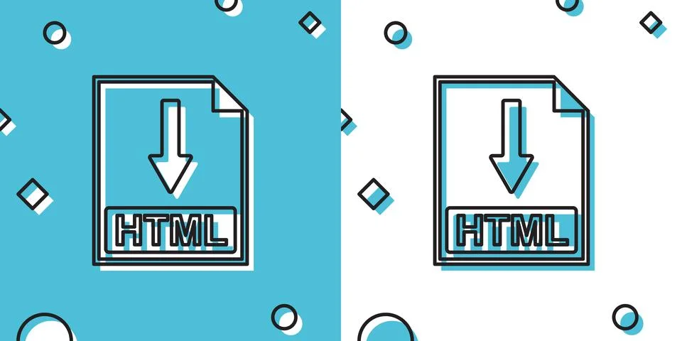 Black HTML file document icon. Download HTML button icon isolated on blue and 스톡 일러스트
