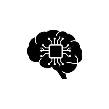 Black human brain icon with a central computer microchip processor イラスト素材