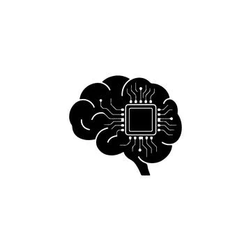 Black human brain icon with integrated computer chip circuit 库存插图
