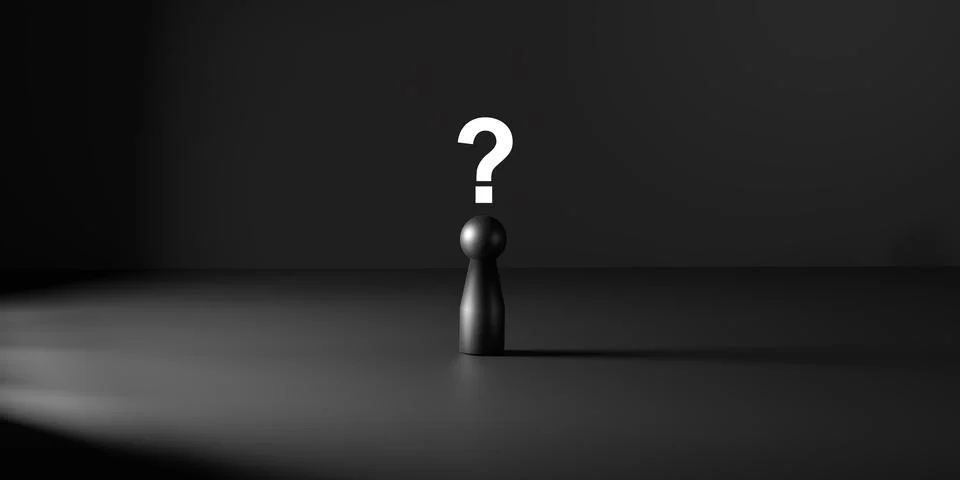 Black human like doll on dark surface with glowing question mark above, sym.. Stock Photos