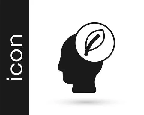 Black Human head with leaf inside icon isolated on white background. Vector Stock Illustration