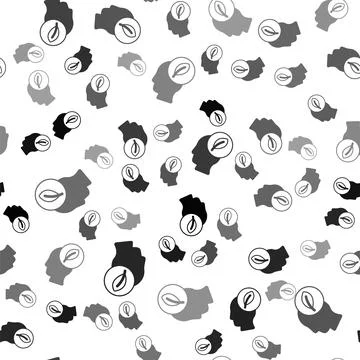 Black Human head with leaf inside icon isolated seamless pattern on white Illustrazione stock