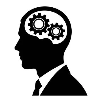 A black  of a human head in profile with a white circle representing the brain Stock Illustration