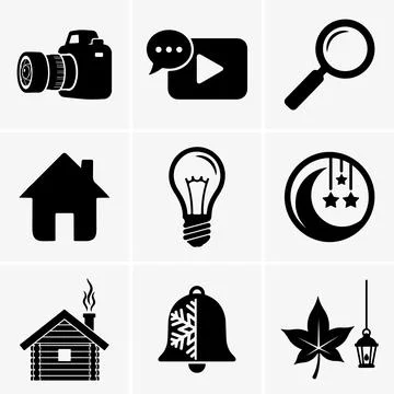 Black icon array displaying a camera, video play, magnifying glass, home, lig Stock Illustration