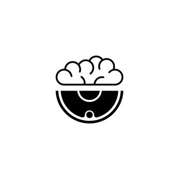 A black icon featuring a brain on a robotic vacuum cleaner, symbolizing smart Stock Illustration
