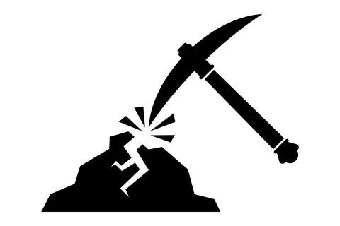 Black icon pickaxe extracts resources from rock. Stock Illustration