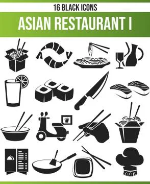 Black Icon Set Asian Restaurant 스톡 일러스트