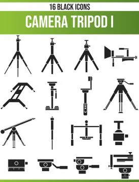 Black Icon Set Camera Tripod Stock Illustration
