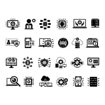 Black Icon Set Information Technology. Vector Illustrations IT Manager, Dat.. Stock Illustration