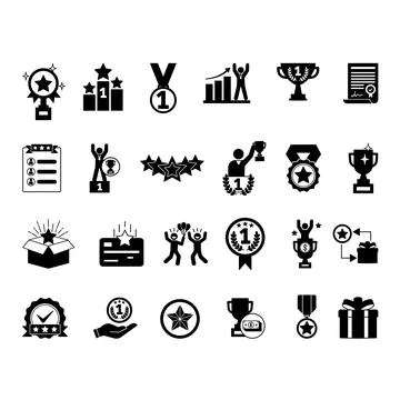Black Icon Set Reward. Vector Illustrations Award, Medal, Trophy, Success, .. Stock Illustration