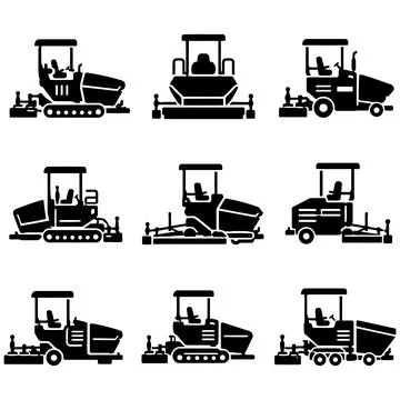 Black Icon Set of Road Paver Construction Machinery for Heavy Engineering Wor Stock Illustration