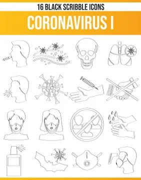 Black Icon Set Scribble Coronavirus I. Stock Illustration