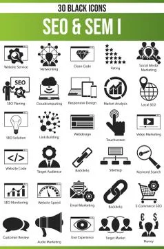 Black Icon Set SEO &amp; SEM Illustrazione stock