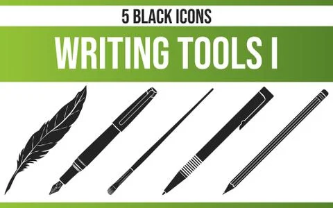Black Icon Set Writing Tools Stock Illustration