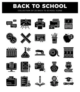 Black icons for back to school with educational and office supplies Stock Illustration